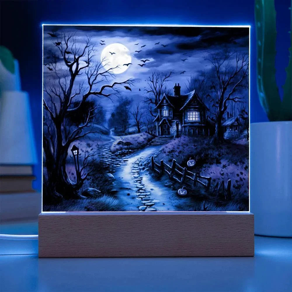 Bewitched Abode: The Ultimate Halloween Mansion Acrylic Plaque with Lighted LED Wooden Base
