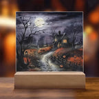 Bewitched Abode: The Ultimate Halloween Mansion Acrylic Plaque with Lighted LED Wooden Base