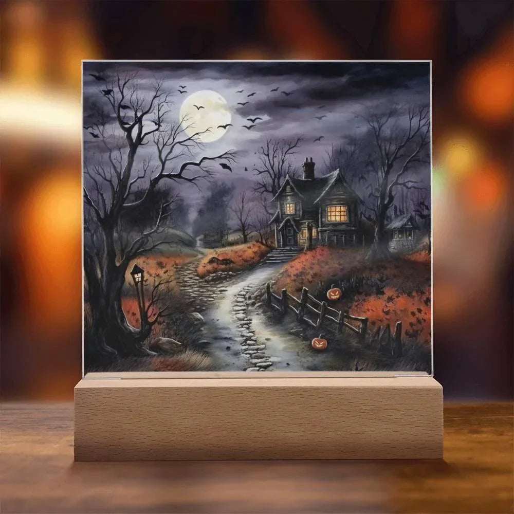 Bewitched Abode: The Ultimate Halloween Mansion Acrylic Plaque with Lighted LED Wooden Base