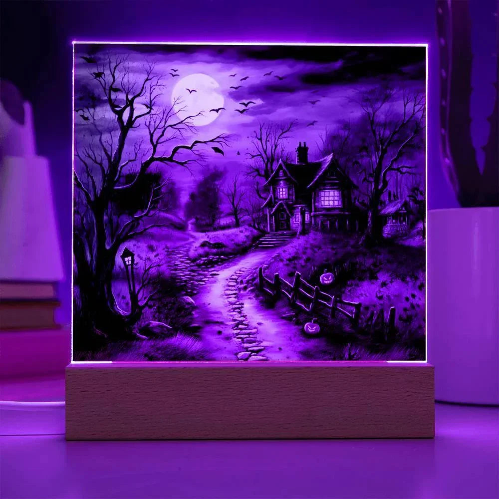 Bewitched Abode: The Ultimate Halloween Mansion Acrylic Plaque with Lighted LED Wooden Base