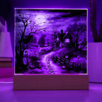 Bewitched Abode: The Ultimate Halloween Mansion Acrylic Plaque with Lighted LED Wooden Base