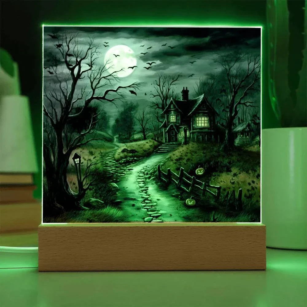 Bewitched Abode: The Ultimate Halloween Mansion Acrylic Plaque with Lighted LED Wooden Base