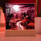 Bewitched Abode: The Ultimate Halloween Mansion Acrylic Plaque with Lighted LED Wooden Base