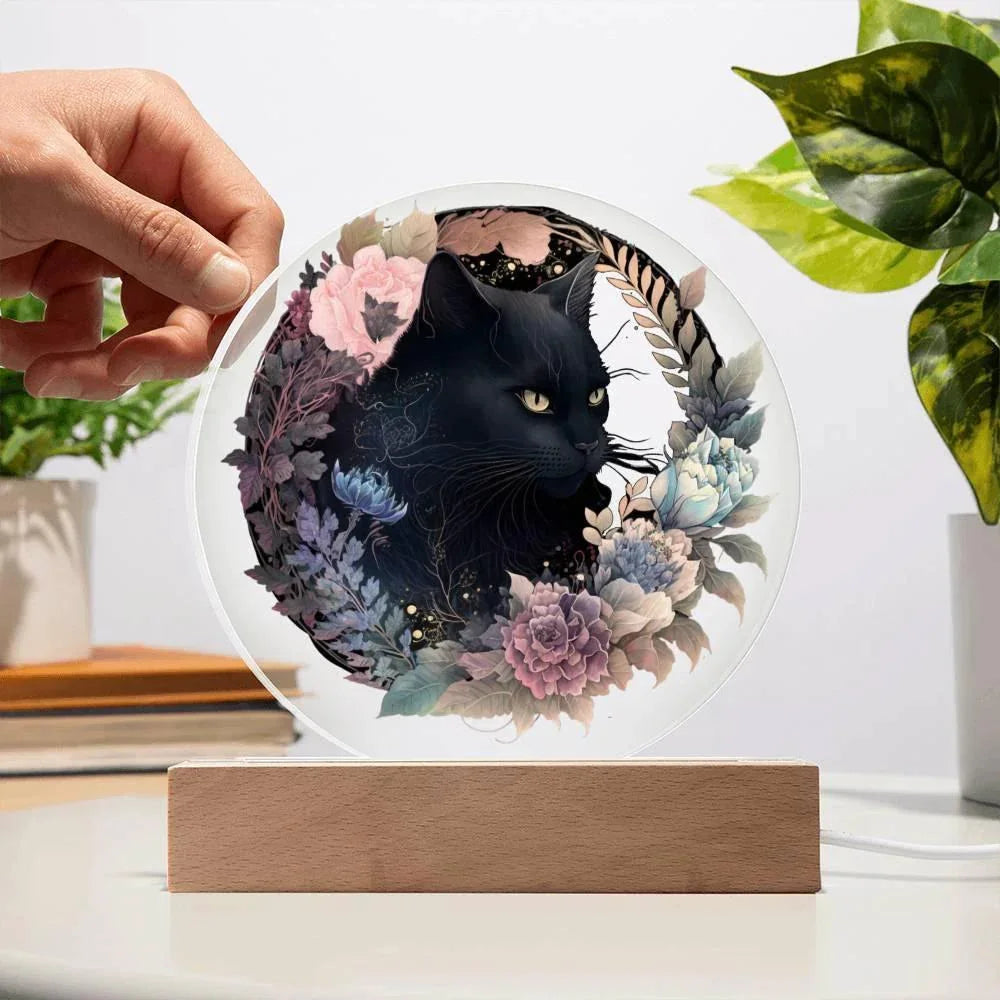 Bewitched Cat Silhouette: Halloween Acrylic Plaque with Lighted LED Wooden Base
