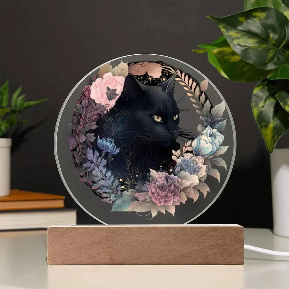 Bewitched Cat Silhouette: Halloween Acrylic Plaque with Lighted LED Wooden Base