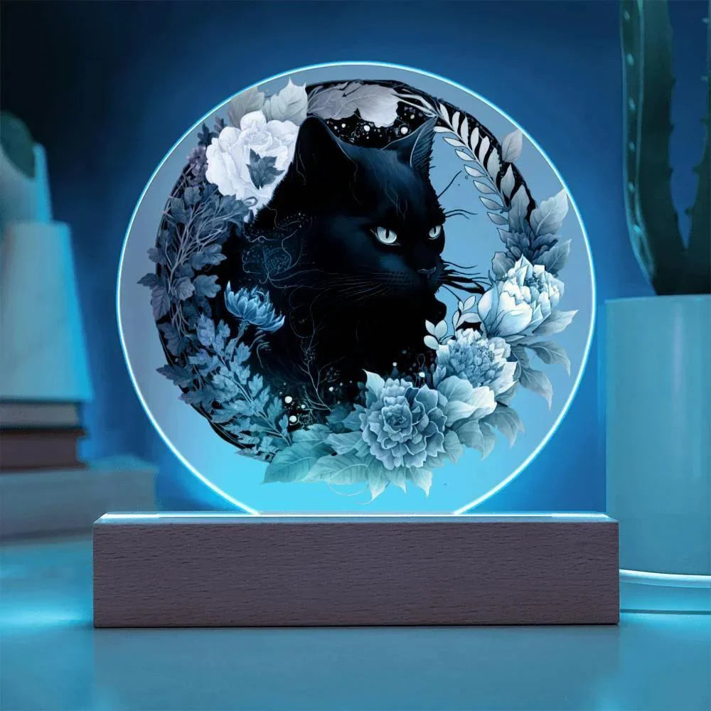 Bewitched Cat Silhouette: Halloween Acrylic Plaque with Lighted LED Wooden Base