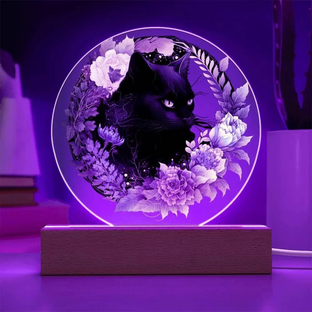 Bewitched Cat Silhouette: Halloween Acrylic Plaque with Lighted LED Wooden Base