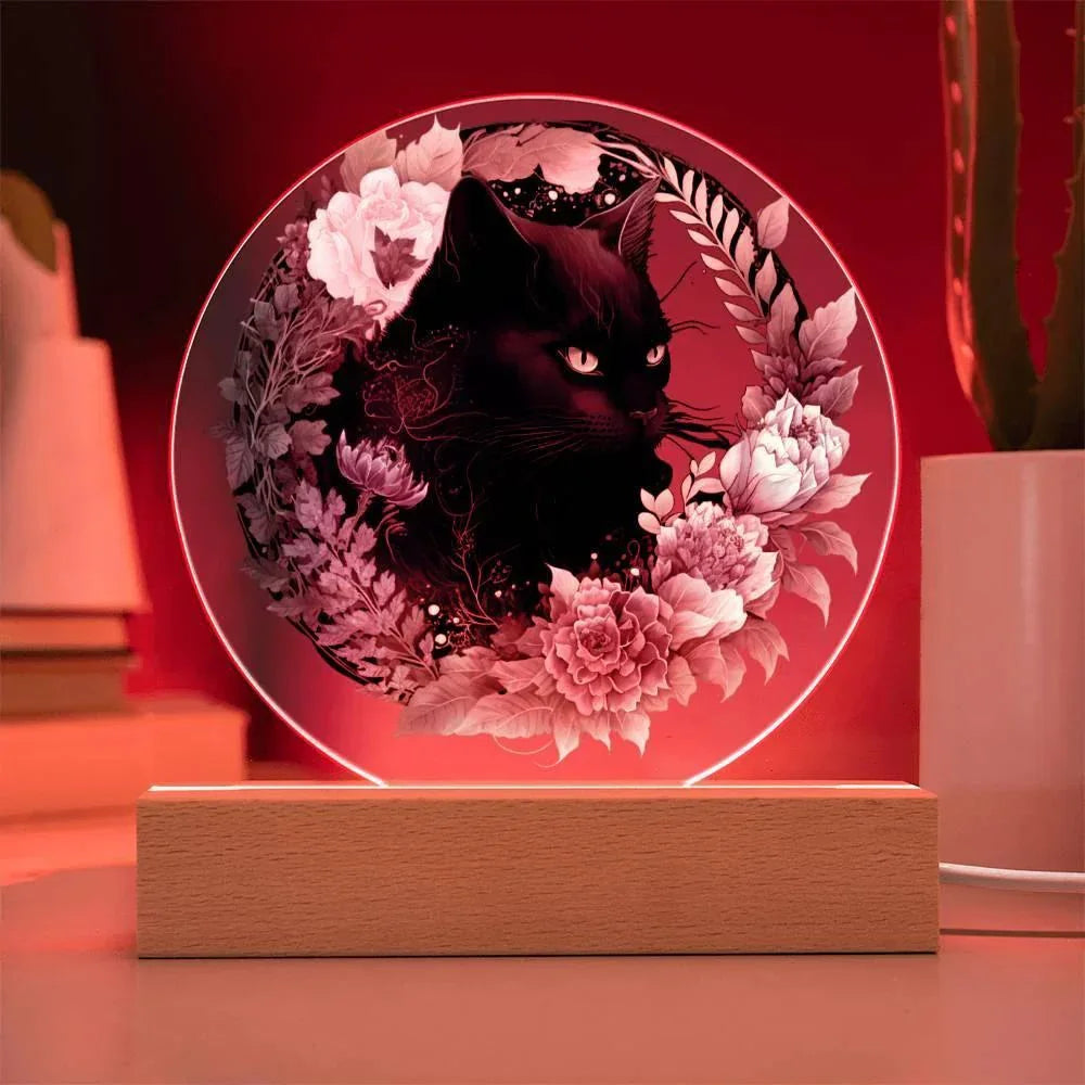 Bewitched Cat Silhouette: Halloween Acrylic Plaque with Lighted LED Wooden Base