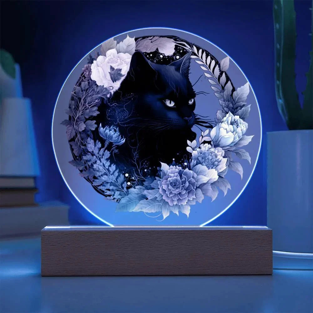 Bewitched Cat Silhouette: Halloween Acrylic Plaque with Lighted LED Wooden Base