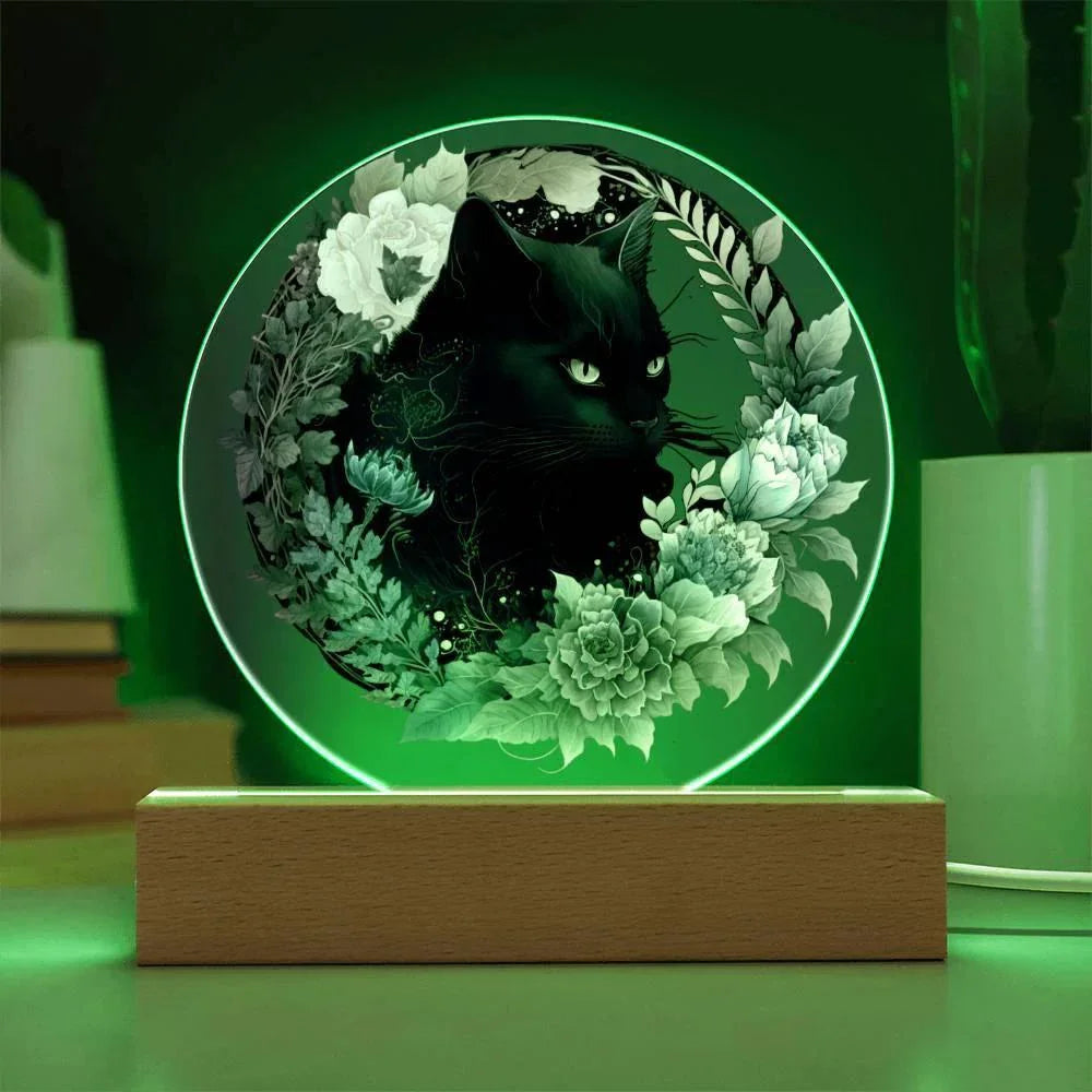 Bewitched Cat Silhouette: Halloween Acrylic Plaque with Lighted LED Wooden Base