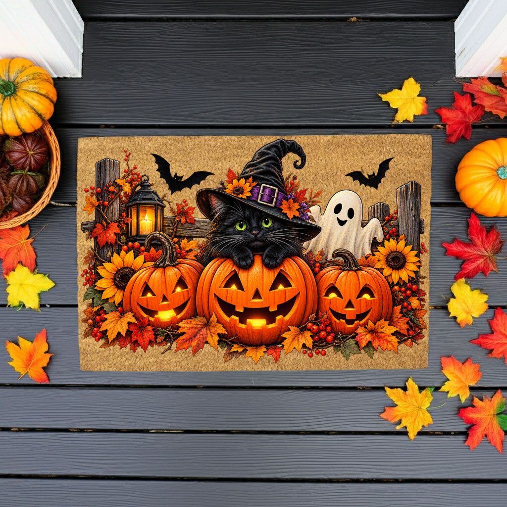 Halloween Cat Doormat, Black Cat Pumpkin Coir Mat, Cute Ghost Welcome Mat, Witch Cat Fall Porch Decor, Spooky Halloween Door Mat