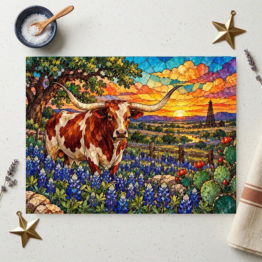 Texas Longhorn Glass Cutting Board, Bluebonnet Kitchen Decor, Texas Cow Gift, Western Kitchen Decor, Texas Housewarming Gift
