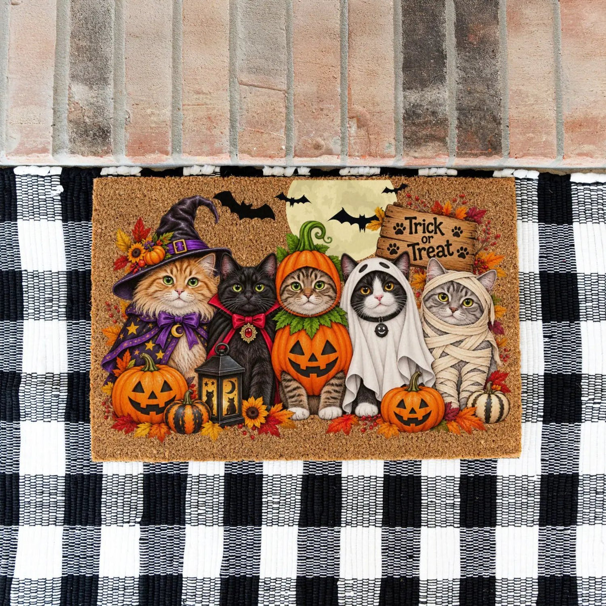 Halloween Cat Doormat, Funny Costumed Cats Coir Welcome Mat, Trick or Treat Porch Decor, Fall Cat Lover Gift, Spooky Front Door Mat