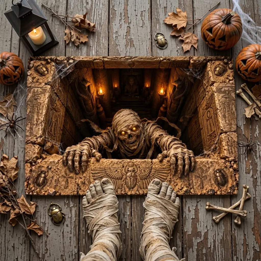 Mummy Halloween Doormat, 3D Egyptian Tomb Optical Illusion Mat, Creepy Mummy Door Mat, Haunted Halloween Porch Decor