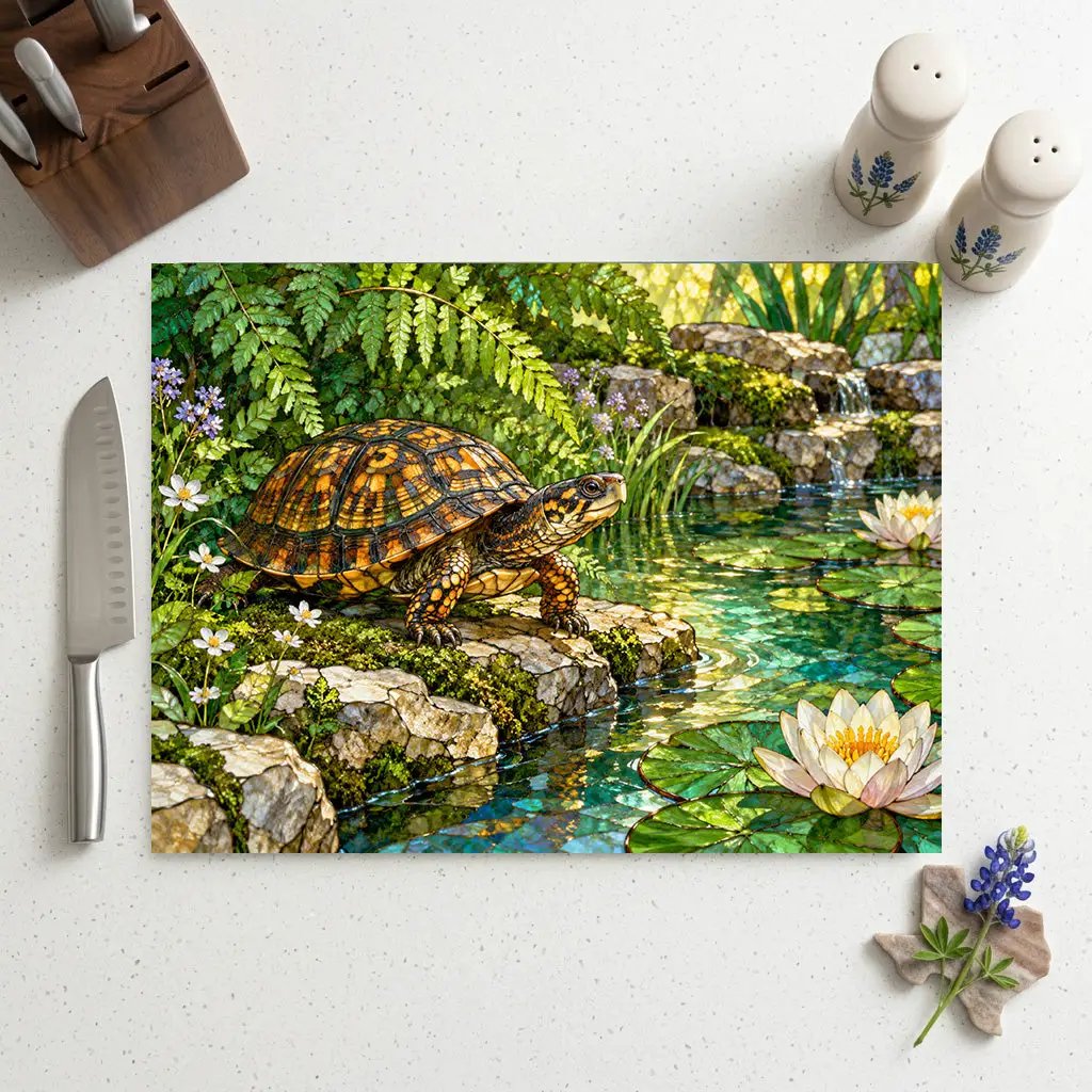 Box Turtle Glass Cutting Board, Pond Nature Kitchen Decor, Reptile Lover Gift, Wildlife Chopping Board, Decorative Tempered Glass Board