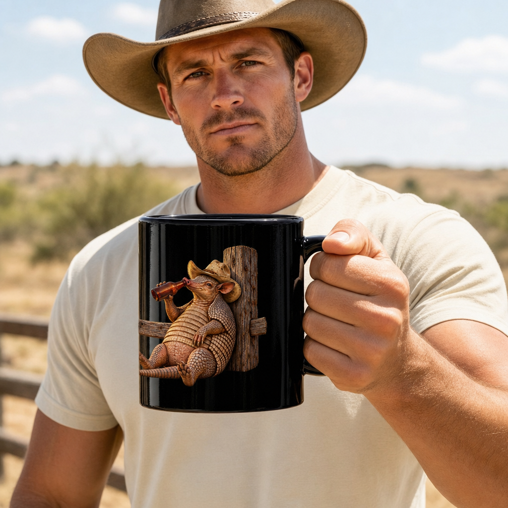 Funny Armadillo Black Coffee Mug, Texas Cowboy Mug, Beer Drinking Armadillo Gift, Western Coffee Cup, Funny Texas Gift for Him