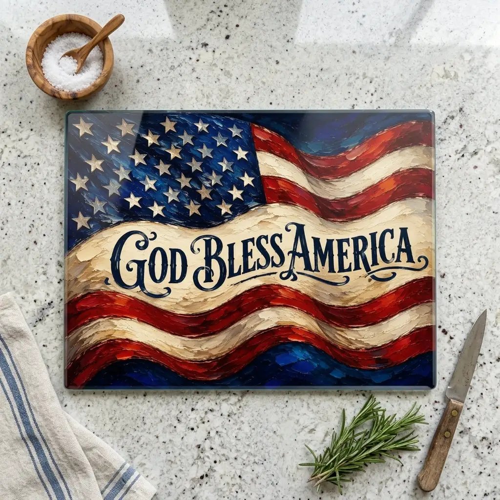 God Bless America Cutting Board, American Flag Glass Cutting Board, Patriotic Kitchen Decor, Christian USA Gift, Americana Home Decor