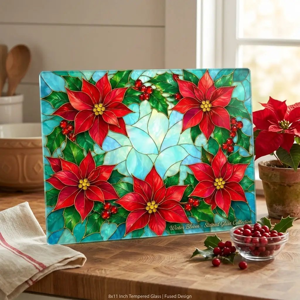 Poinsettia Glass Cutting Board, Christmas Kitchen Decor, Stained Glass Holiday Floral Chopping Board, Festive Hostess Gift for Home Cooks