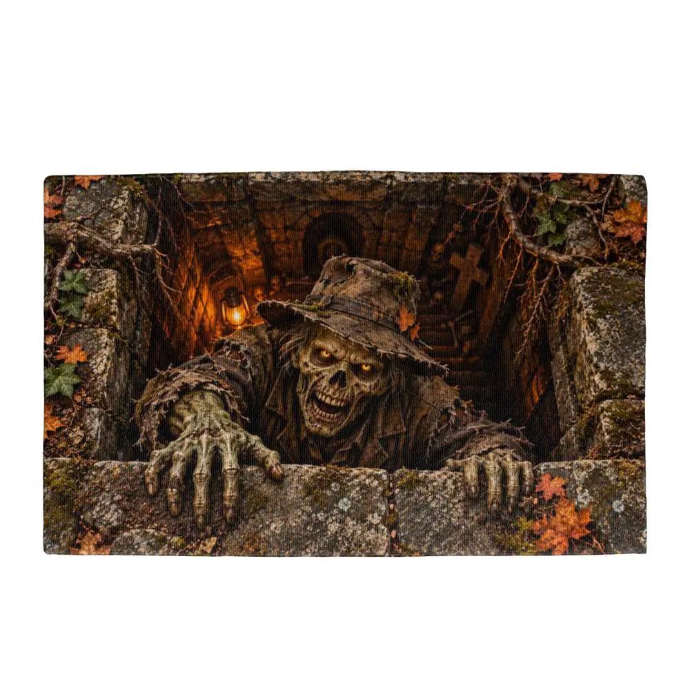 Undead Groundskeeper Halloween Doormat, 3D Zombie Optical Illusion Mat, Creepy Graveyard Door Mat, Haunted Crypt Halloween Decor