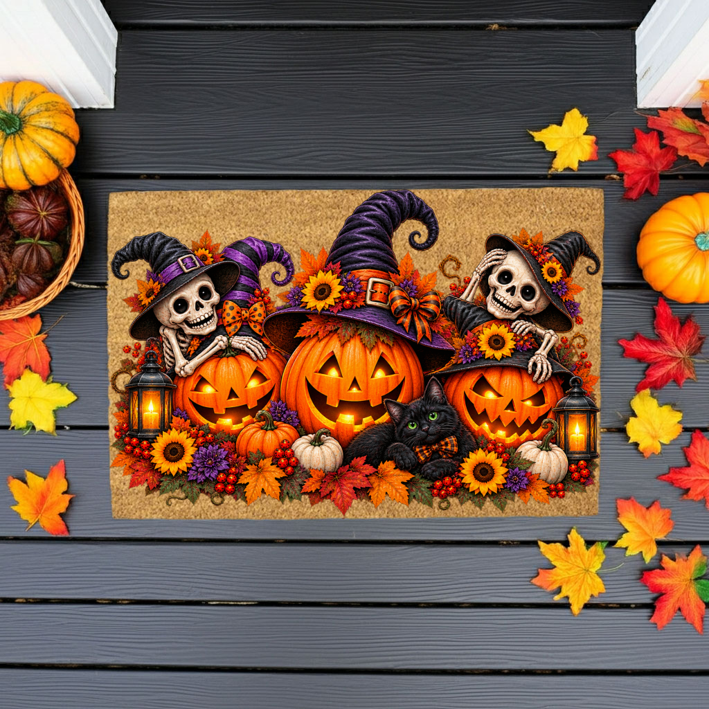 Halloween Skeleton Doormat, Jack O Lantern Coir Mat, Skeleton & Black Cat Welcome Mat, Spooky Fall Porch Decor, Halloween Door Mat