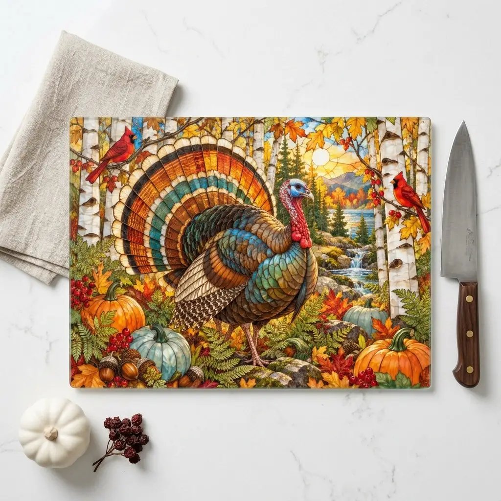 Thanksgiving Turkey Glass Cutting Board, Woodland Turkey Kitchen Decor, Fall Cardinal Birch Forest Cutting Board, Autumn Gift