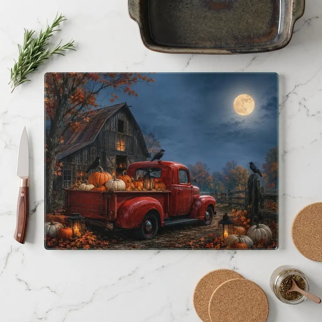 Halloween Glass Cutting Board, Red Vintage Truck with Pumpkins, Spooky Farmhouse Kitchen Decor, Rustic Halloween Gift