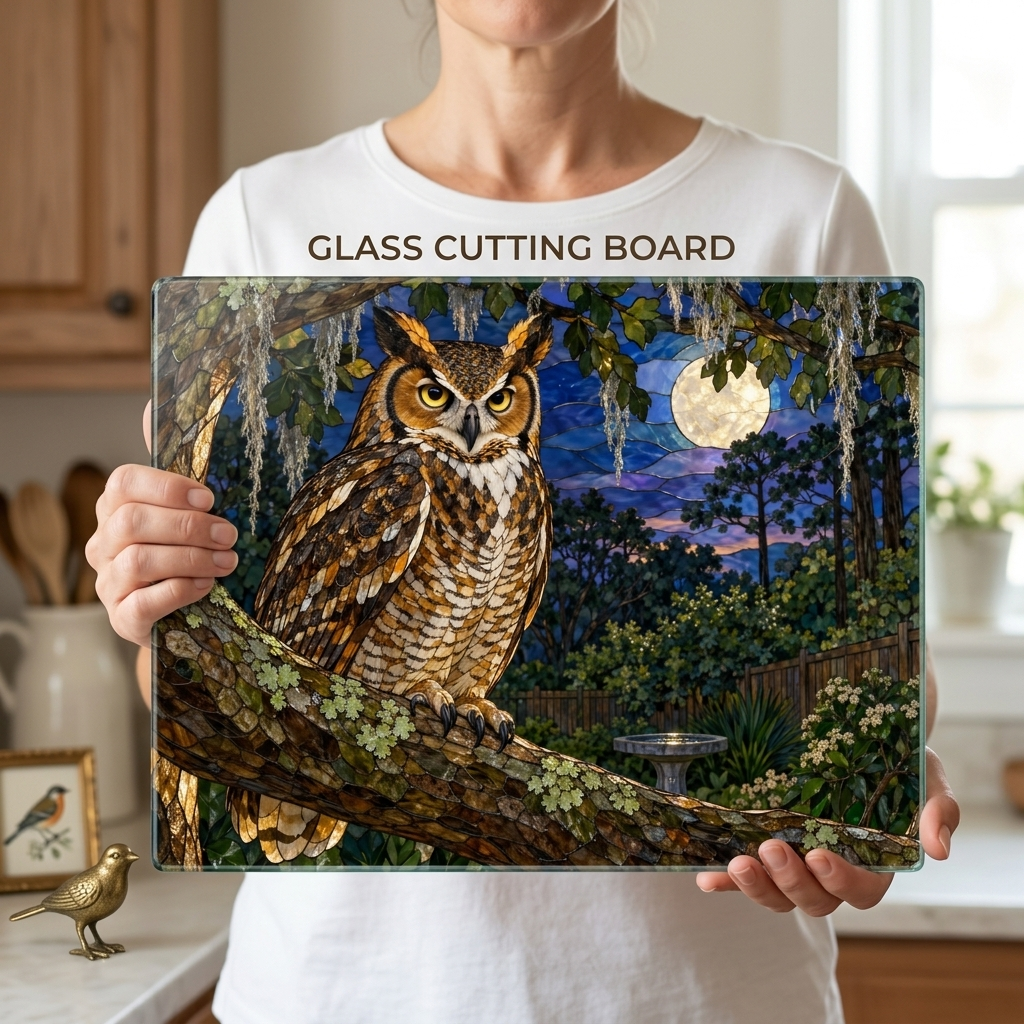 Great Horned Owl Glass Cutting Board, Owl Kitchen Decor, Backyard Bird Lover Gift, Birdwatcher Gift, Woodland Serving Board