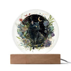 Black Cat Bewitchment: Halloween Printed Circle Acrylic Plaque with LED Lighted Wooden Base