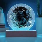 Black Cat Bewitchment: Halloween Printed Circle Acrylic Plaque with LED Lighted Wooden Base