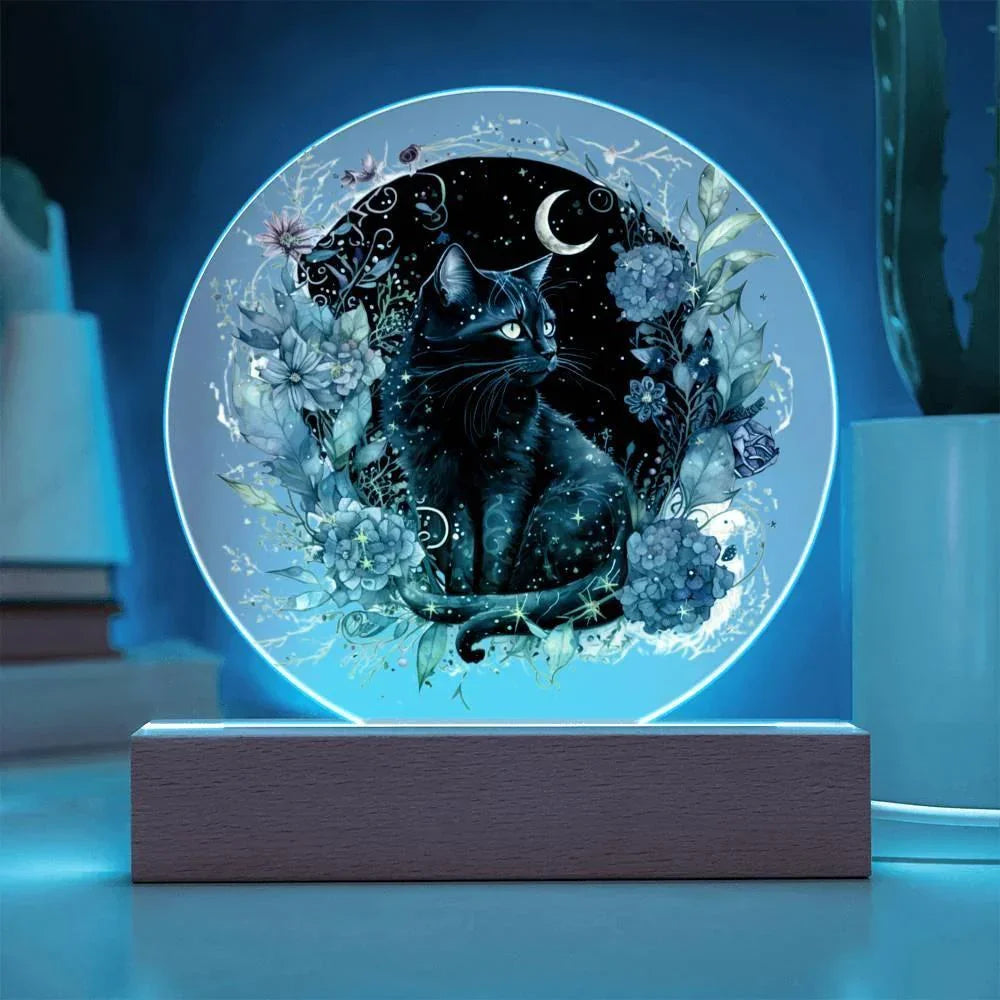 Black Cat Bewitchment: Halloween Printed Circle Acrylic Plaque with LED Lighted Wooden Base
