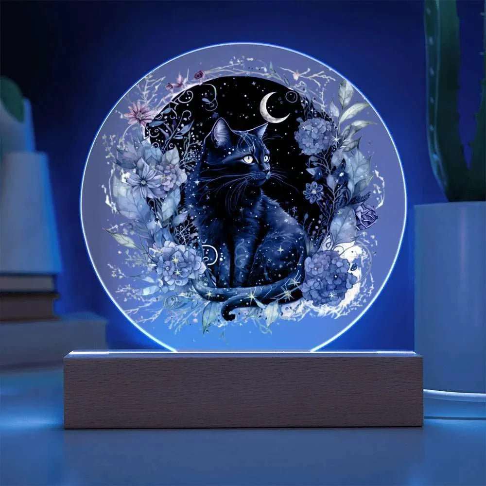 Black Cat Bewitchment: Halloween Printed Circle Acrylic Plaque with LED Lighted Wooden Base