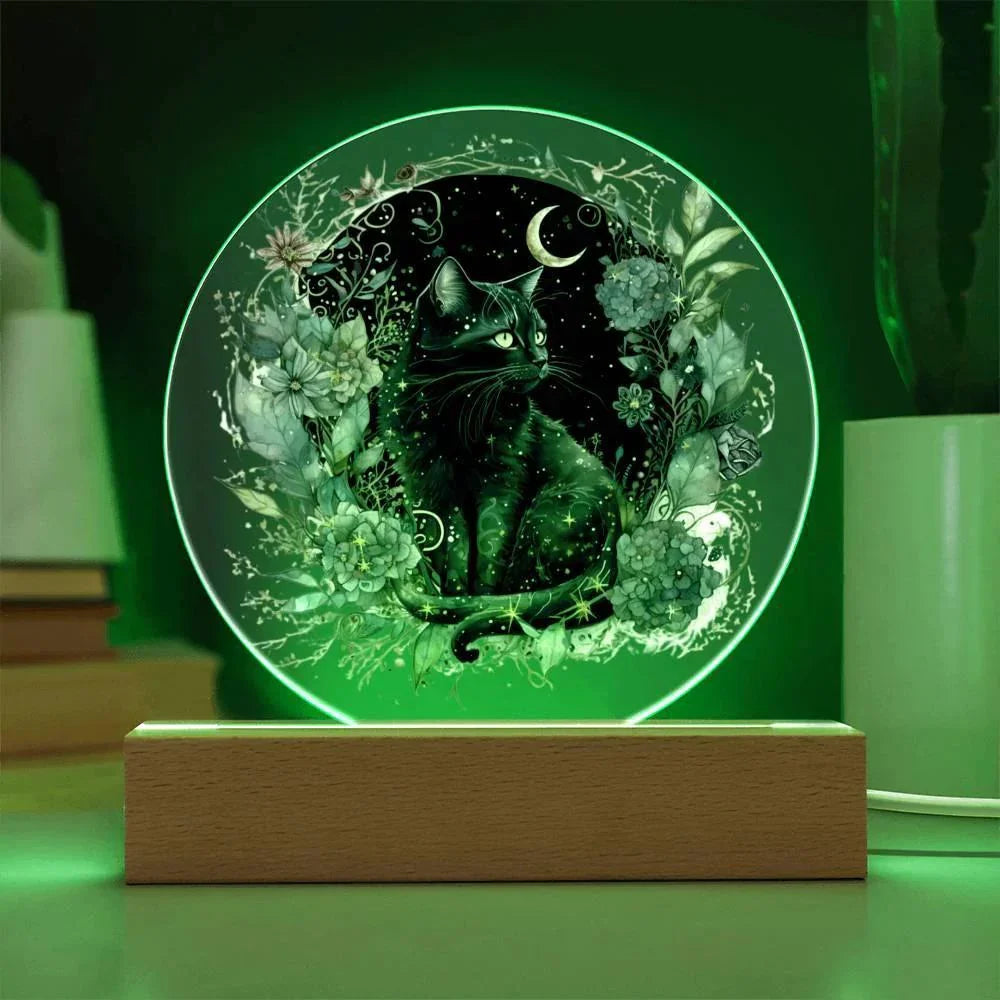 Black Cat Bewitchment: Halloween Printed Circle Acrylic Plaque with LED Lighted Wooden Base
