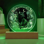 Black Cat Bewitchment: Halloween Printed Circle Acrylic Plaque with LED Lighted Wooden Base