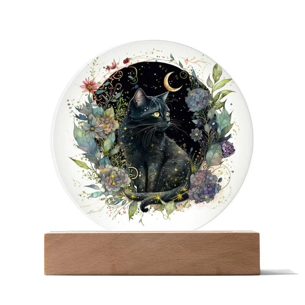 Black Cat Bewitchment: Halloween Printed Circle Acrylic Plaque with LED Lighted Wooden Base
