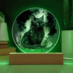 Black Cat Magic Spooky Halloween Printed Circle Acrylic Plaque with LED Lighted Wooden Base