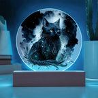 Black Cat Magic Spooky Halloween Printed Circle Acrylic Plaque with LED Lighted Wooden Base