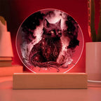 Black Cat Magic Spooky Halloween Printed Circle Acrylic Plaque with LED Lighted Wooden Base