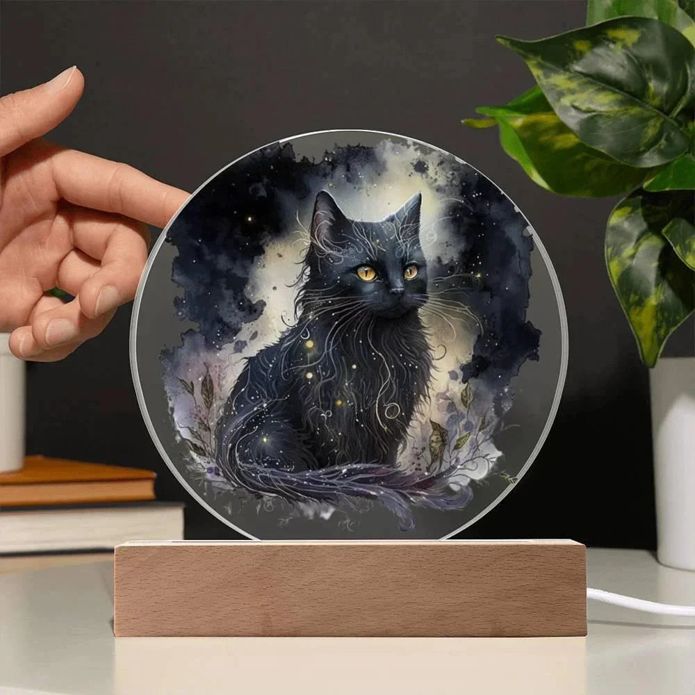Black Cat Magic Spooky Halloween Printed Circle Acrylic Plaque with LED Lighted Wooden Base