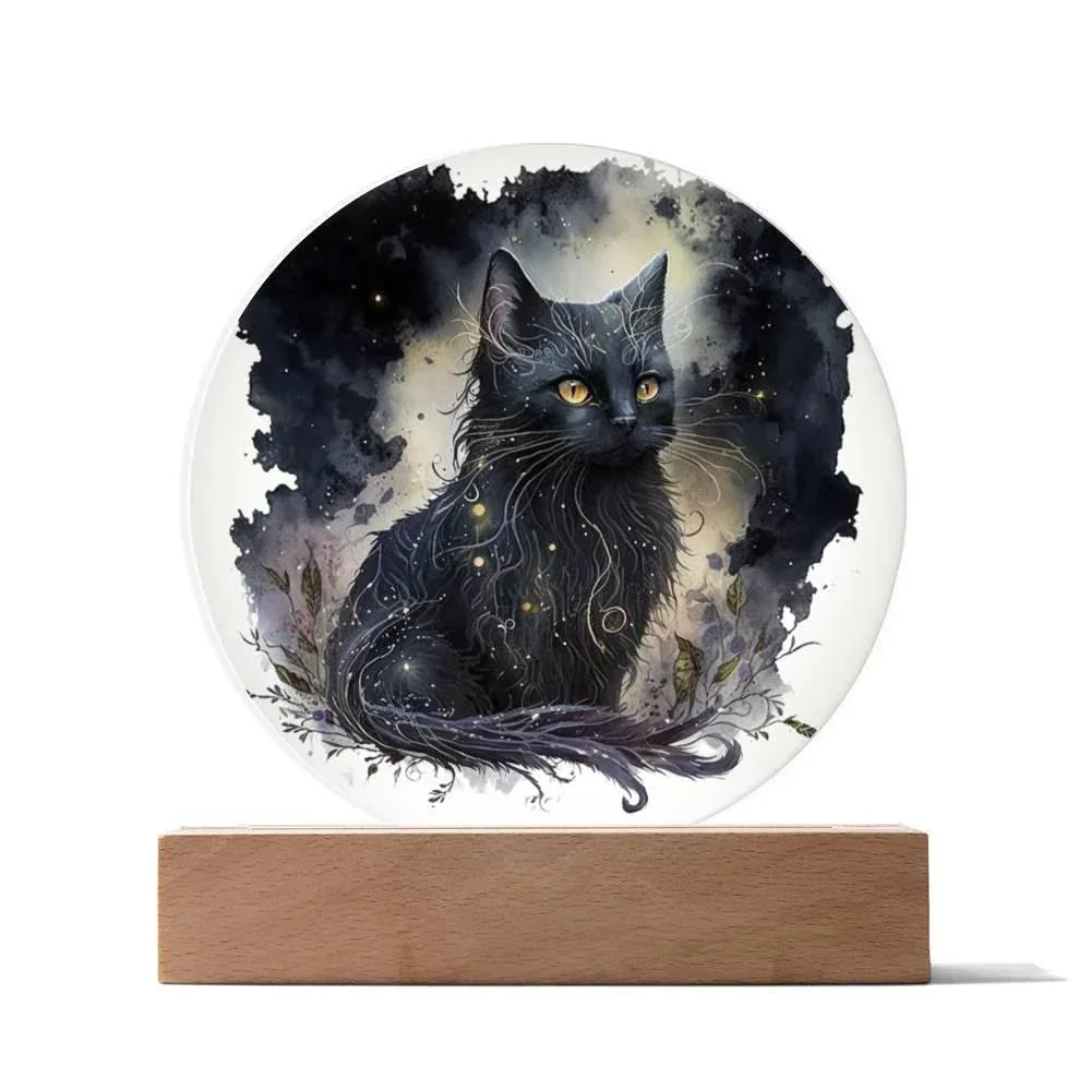 Black Cat Magic Spooky Halloween Printed Circle Acrylic Plaque with LED Lighted Wooden Base