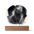 Black Cat Magic Spooky Halloween Printed Circle Acrylic Plaque with LED Lighted Wooden Base