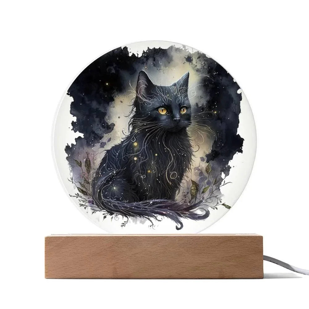 Black Cat Magic Spooky Halloween Printed Circle Acrylic Plaque with LED Lighted Wooden Base