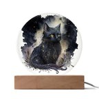Black Cat Magic Spooky Halloween Printed Circle Acrylic Plaque with LED Lighted Wooden Base