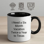 Christmas Unique Gifts from Friends and Family - Texas Two Tone Coffee Mug Quotes - I Need A Six Month Vacation Twice A Year To Texas, Funny Gift for Men, Women, Coworkers, and Family