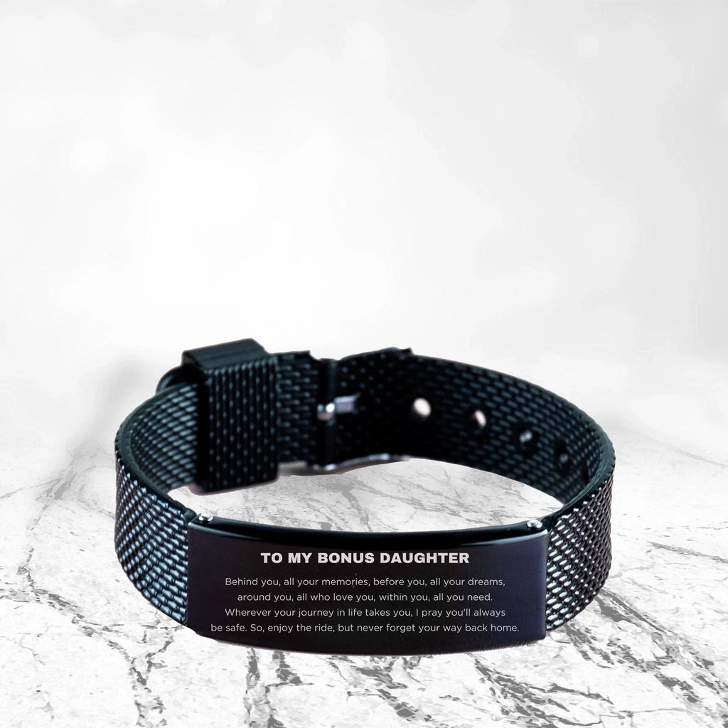 To My Bonus Daughter Gifts, Inspirational Bonus Daughter Black Glidelock Clasp Bracelet, Sentimental Birthday Christmas Unique Gifts For Bonus Daughter Behind you, all your memories, before you, all your dreams, around you, all who love you