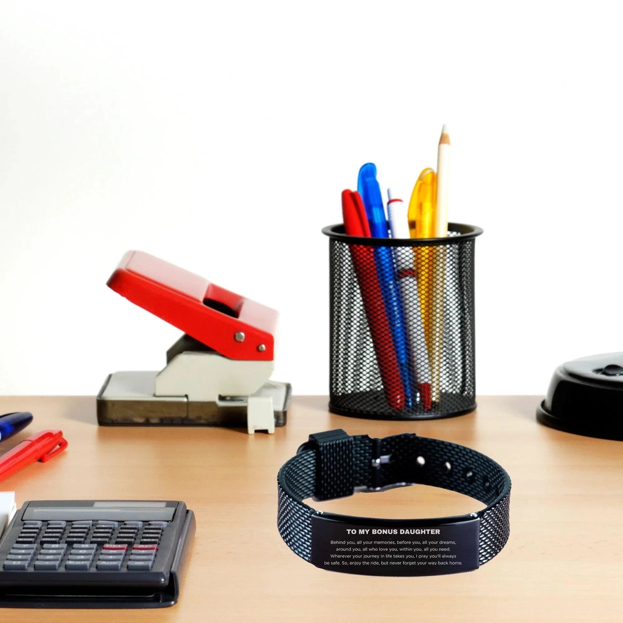 To My Bonus Daughter Gifts, Inspirational Bonus Daughter Black Glidelock Clasp Bracelet, Sentimental Birthday Christmas Unique Gifts For Bonus Daughter Behind you, all your memories, before you, all your dreams, around you, all who love you