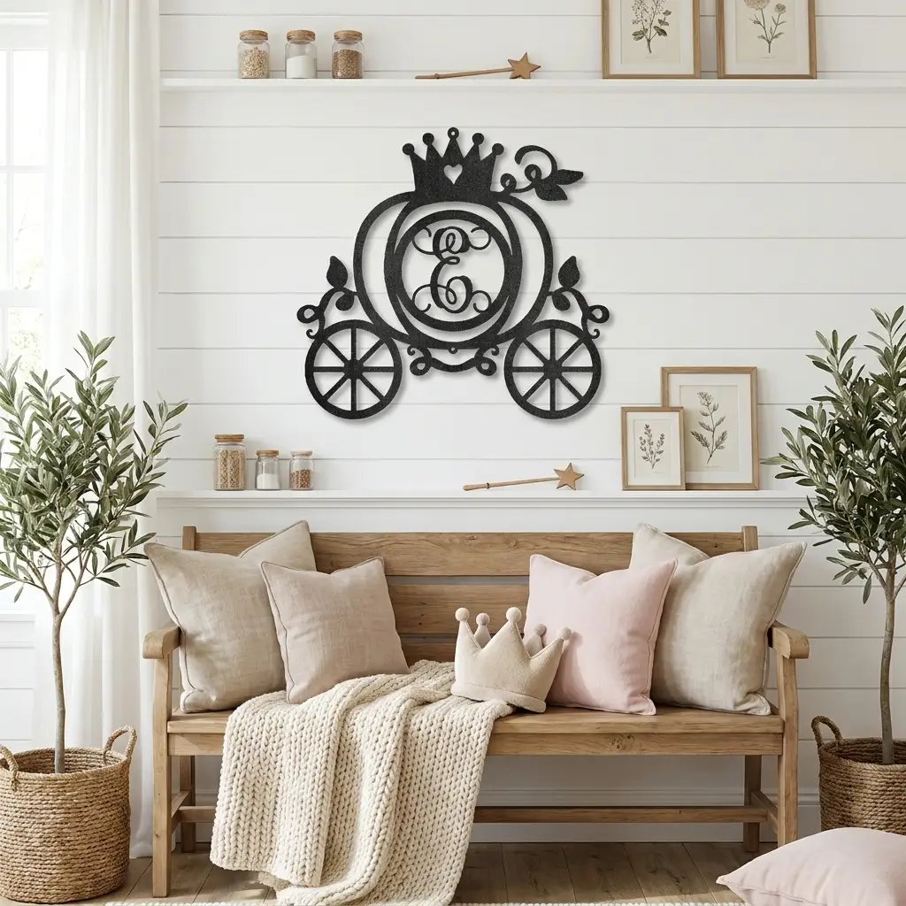 Personalized Fairytale Pumpkin Carriage Metal Wall Art | Custom Initial Princess Carriage Sign | Monogram Metal Decor | Made in USA