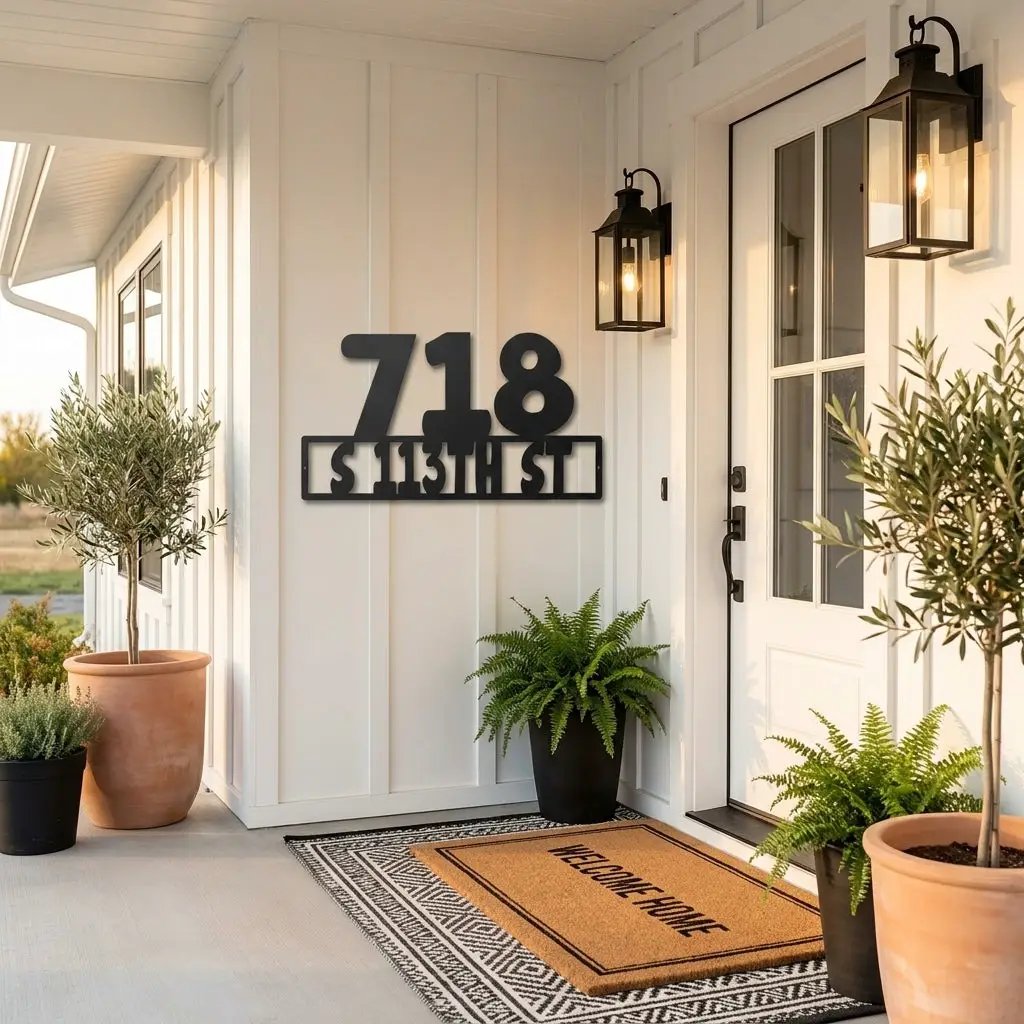 Personalized Metal Address Sign – Custom House Number Steel Wall Art – Modern Farmhouse Address Plaque – Outdoor Powder Coated Home Decor