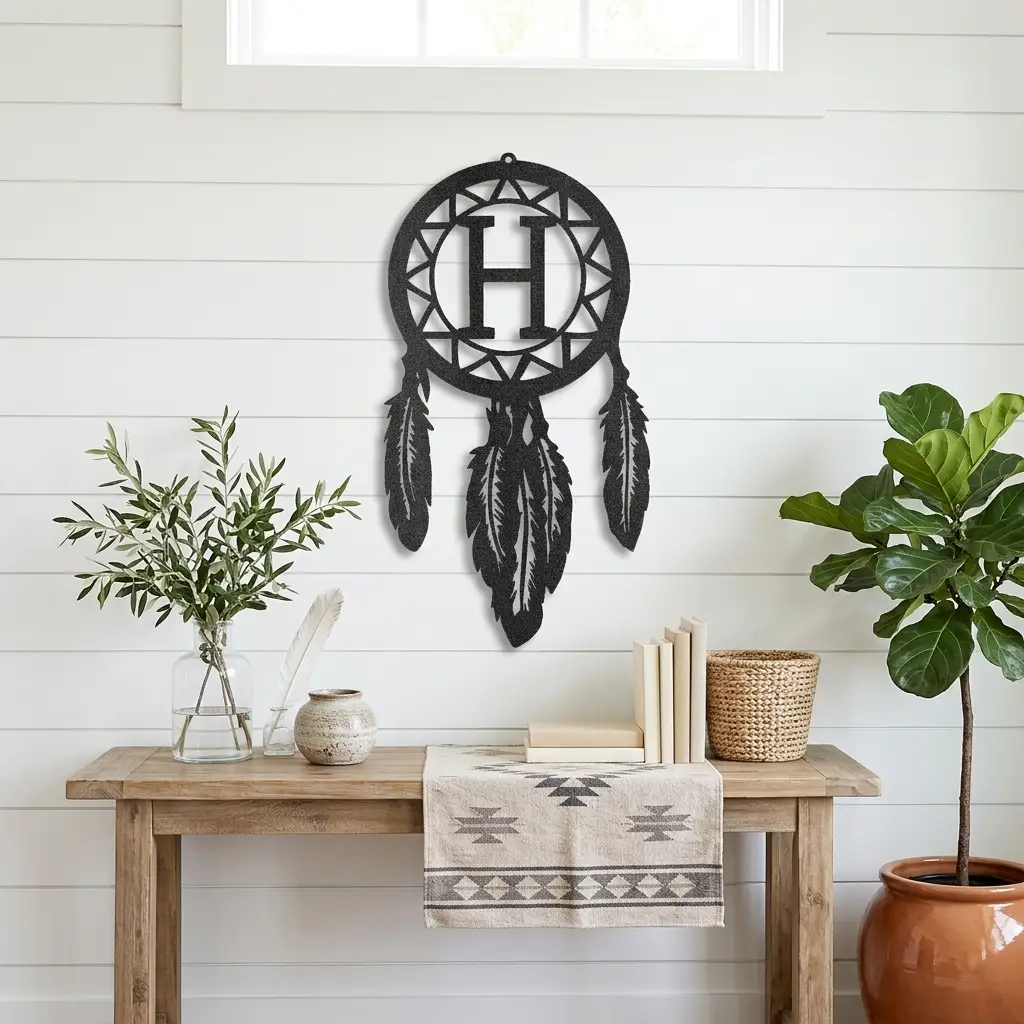 Personalized Dreamcatcher Metal Wall Art – Custom Initial Southwestern Feather Décor