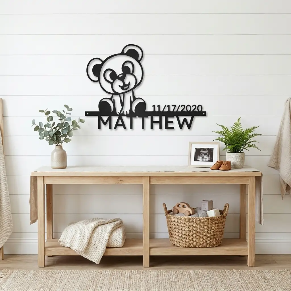 Personalized Teddy Bear Nursery Metal Wall Art – Custom Baby Name Sign with Birth Date – Nursery Decor – Baby Shower Gift