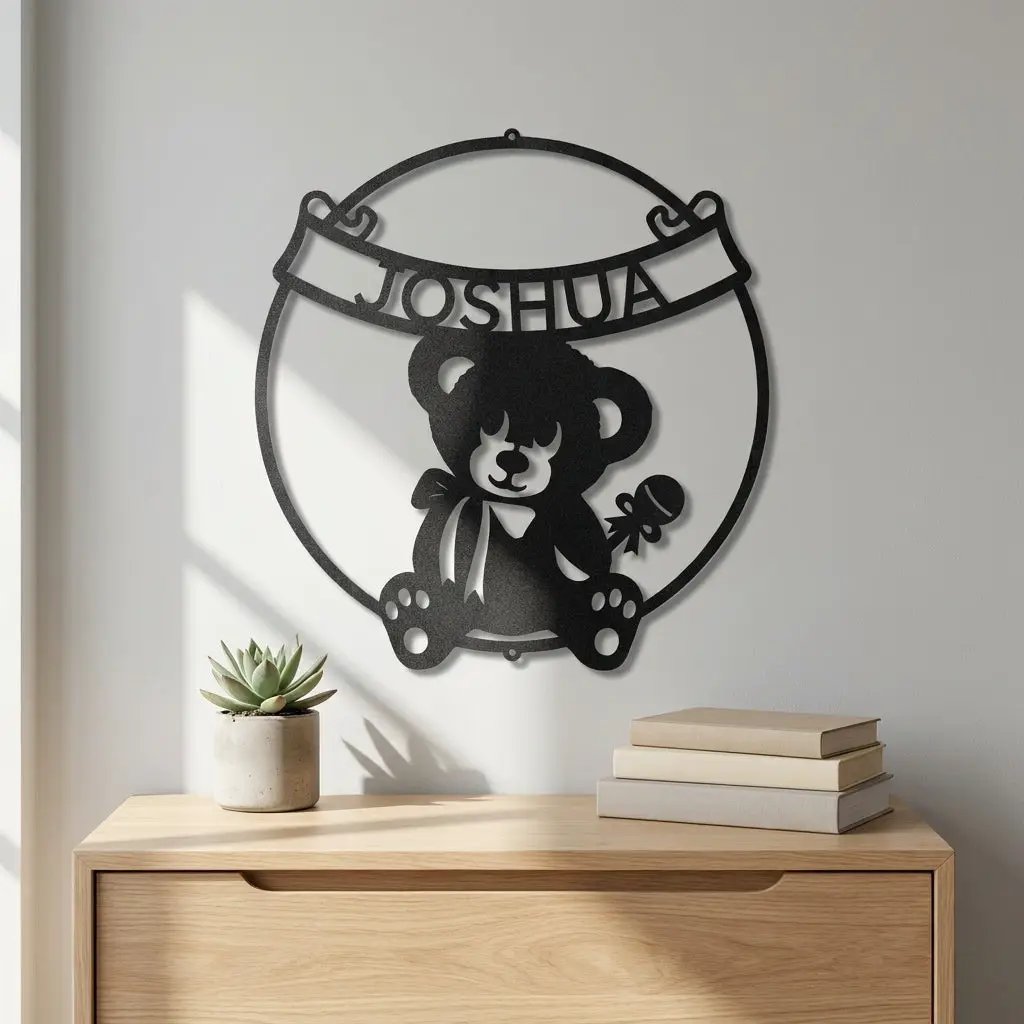 Personalized Baby Name Teddy Bear Metal Wall Art – Custom Nursery Name Sign – Laser Cut Steel Baby Room Decor – Baby Shower Gift